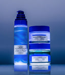 1% Blue Peptide Cica Skin Booster, Serum and Cream glowing blue on a reflective surface