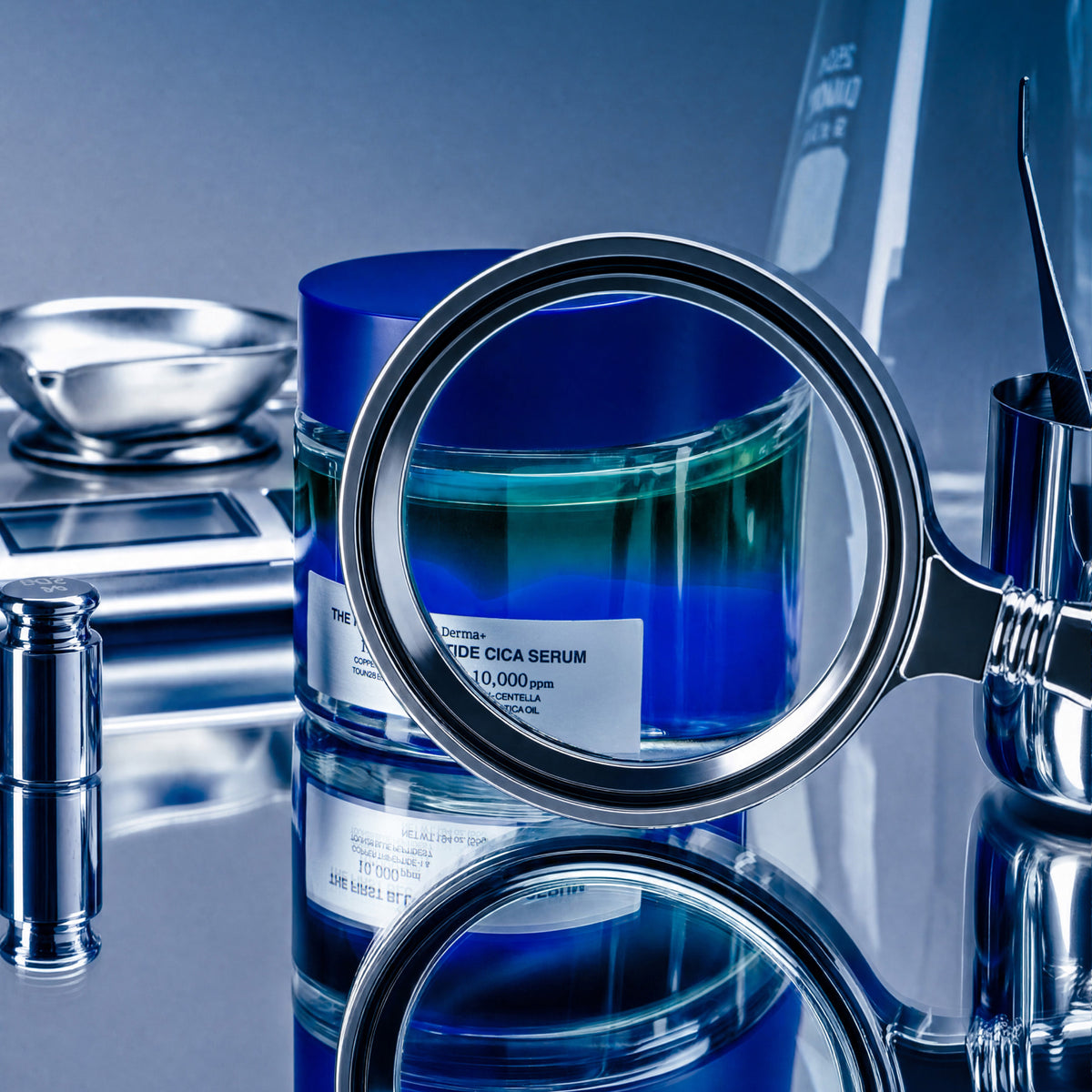 1% Blue Peptide Cica Serum jar seen through a magnifying glass in a lab setting
