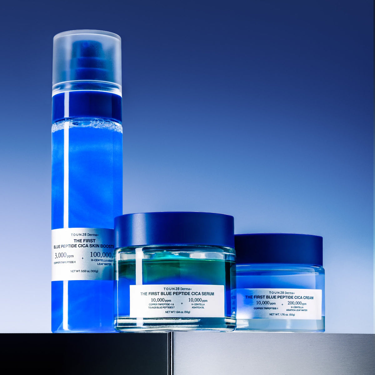 1% Blue Peptide Cica Skin Booster, Serum and Cream 3-step routine lineup on blue background
