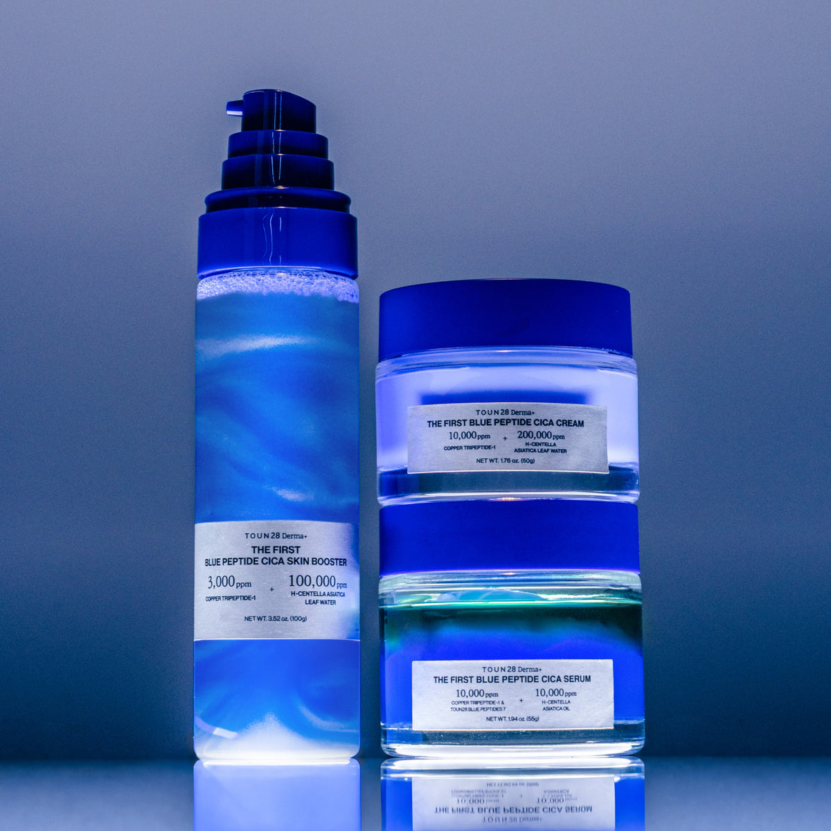 1% Blue Peptide Cica Skin Booster, Serum and Cream lineup glowing blue