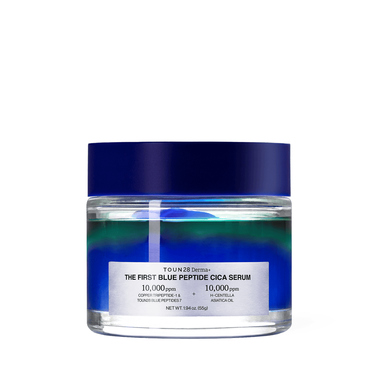 TOUN28 1% Blue Peptide Cica Serum 55g glass jar with blue and green dual-layer gel on white background