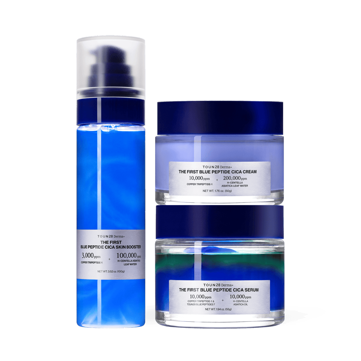 TOUN28 1% Blue Peptide Cica 3-Step Set: Skin Booster, Serum and Cream on white background