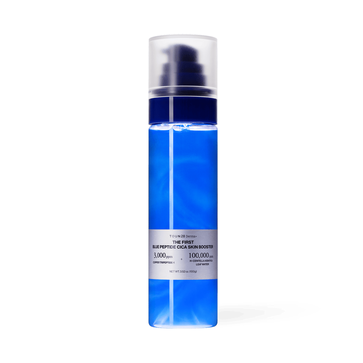 TOUN28 1% Blue Peptide Cica Skin Booster 100g pump bottle with clear cap on white background